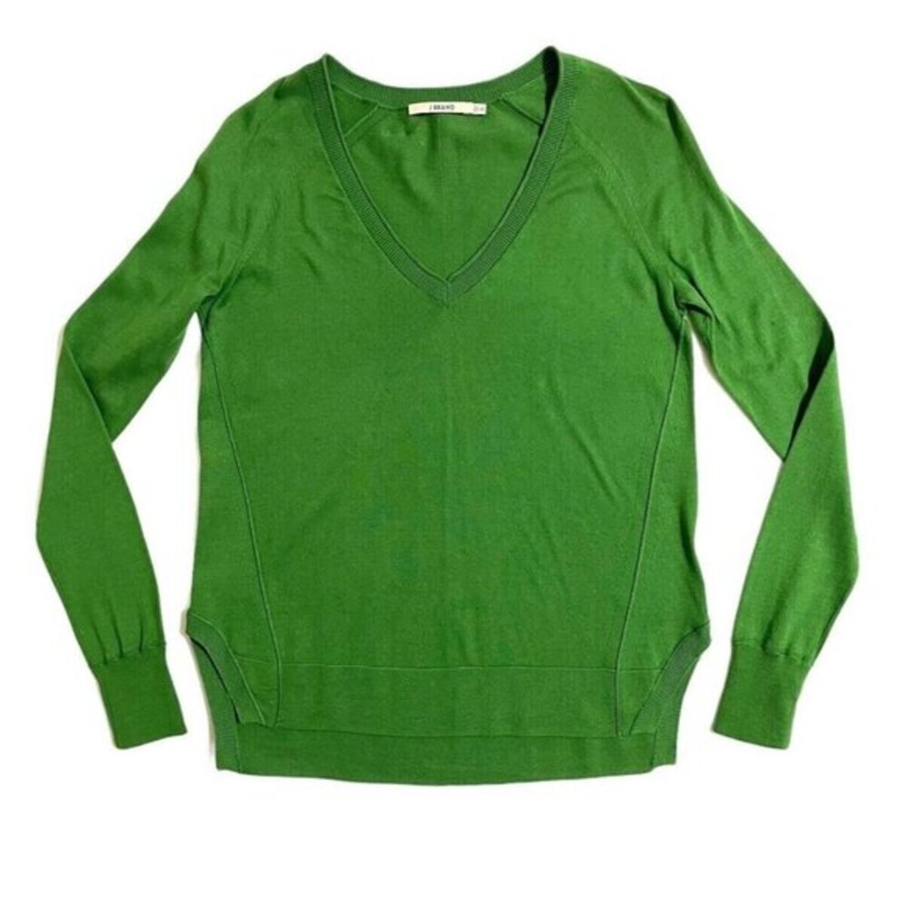 J Brand Sweater V-Neck Pullover Cotton Side Slits Relaxed Green Sz XS New